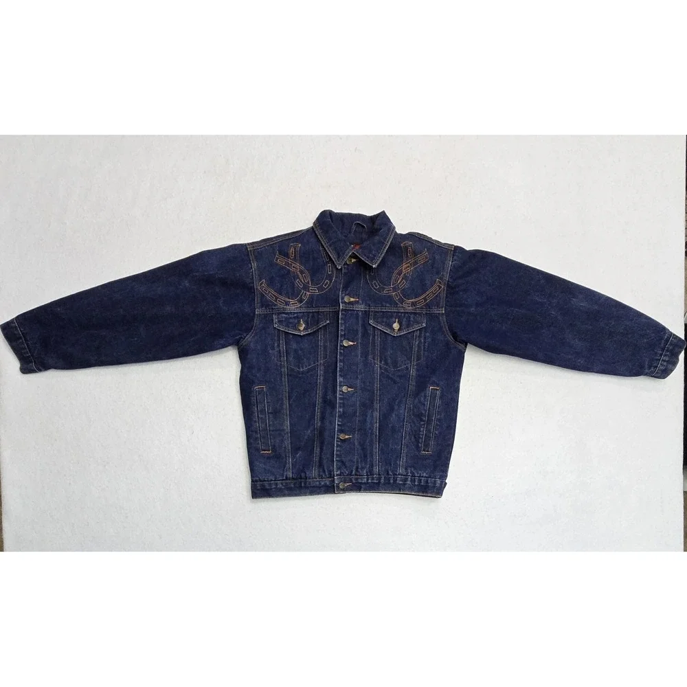 Black Blue Original Style Mens Denim Sherpa Lined Horse Jacket Dark Wash Medium